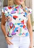 Multicolor Abstract Print Ruffle Sleeve Smocked Blouse