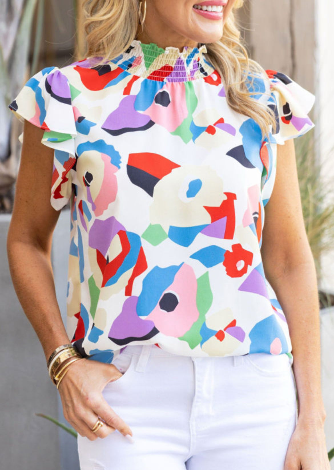 Multicolor Abstract Print Ruffle Sleeve Smocked Blouse