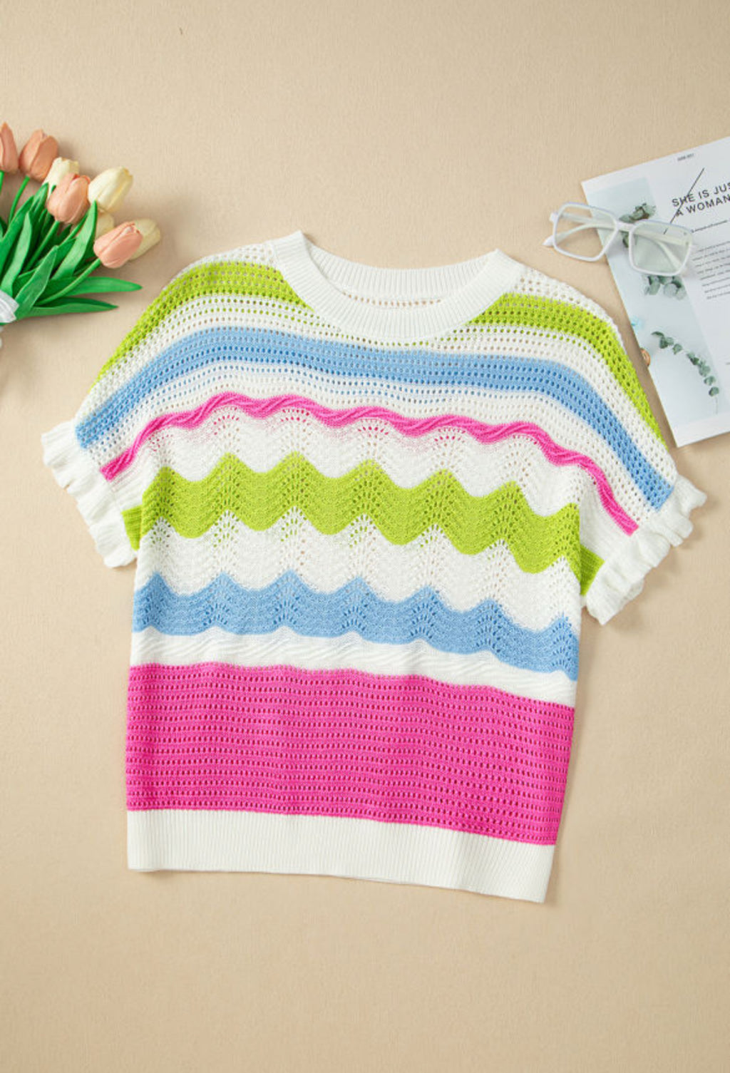 White Color block Crochet Knit Ruffled Short Sleeve Sweater Top