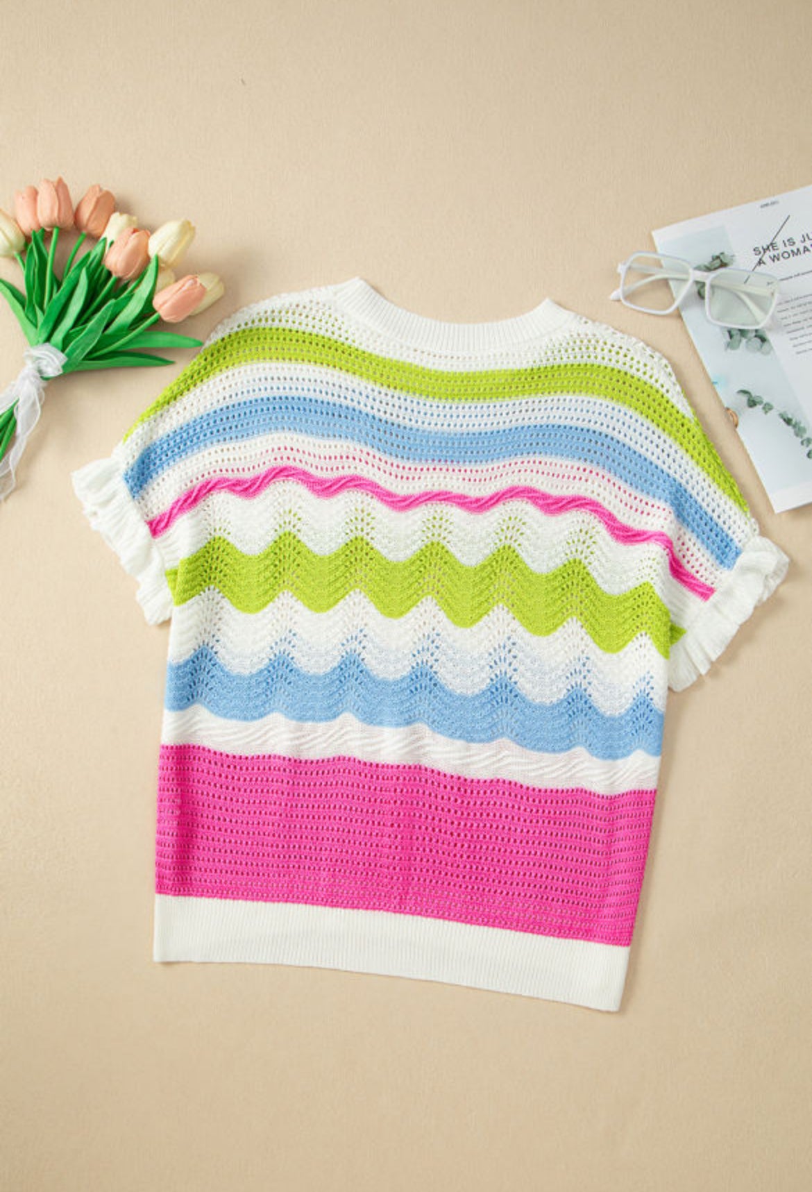 White Color block Crochet Knit Ruffled Short Sleeve Sweater Top
