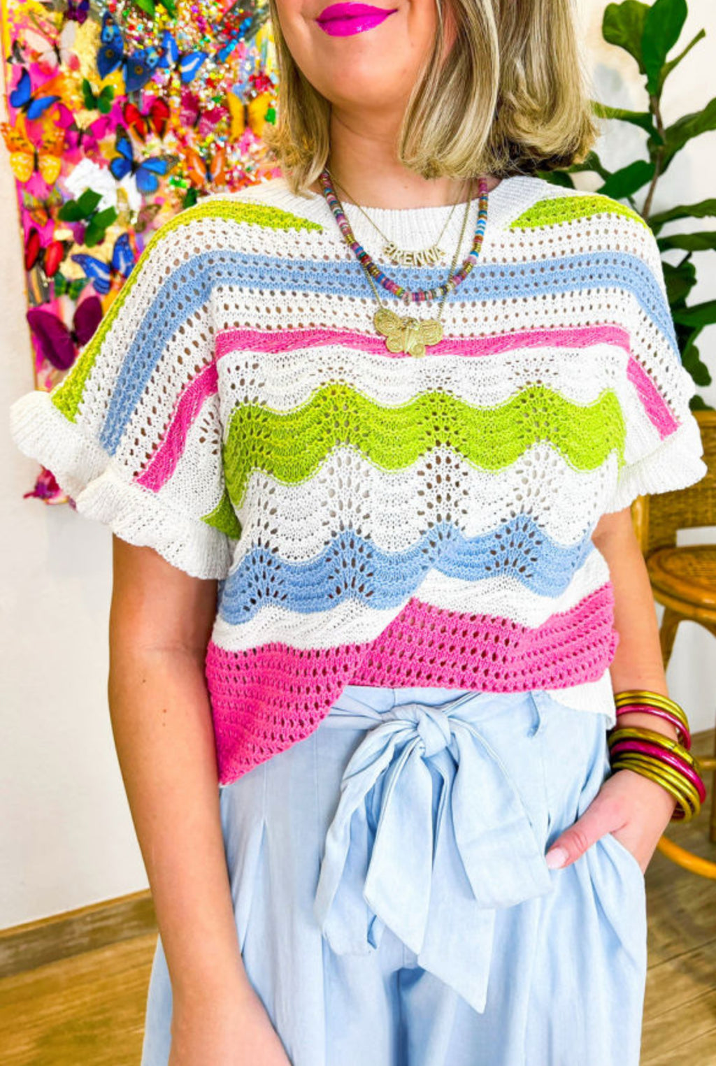 White Color block Crochet Knit Ruffled Short Sleeve Sweater Top