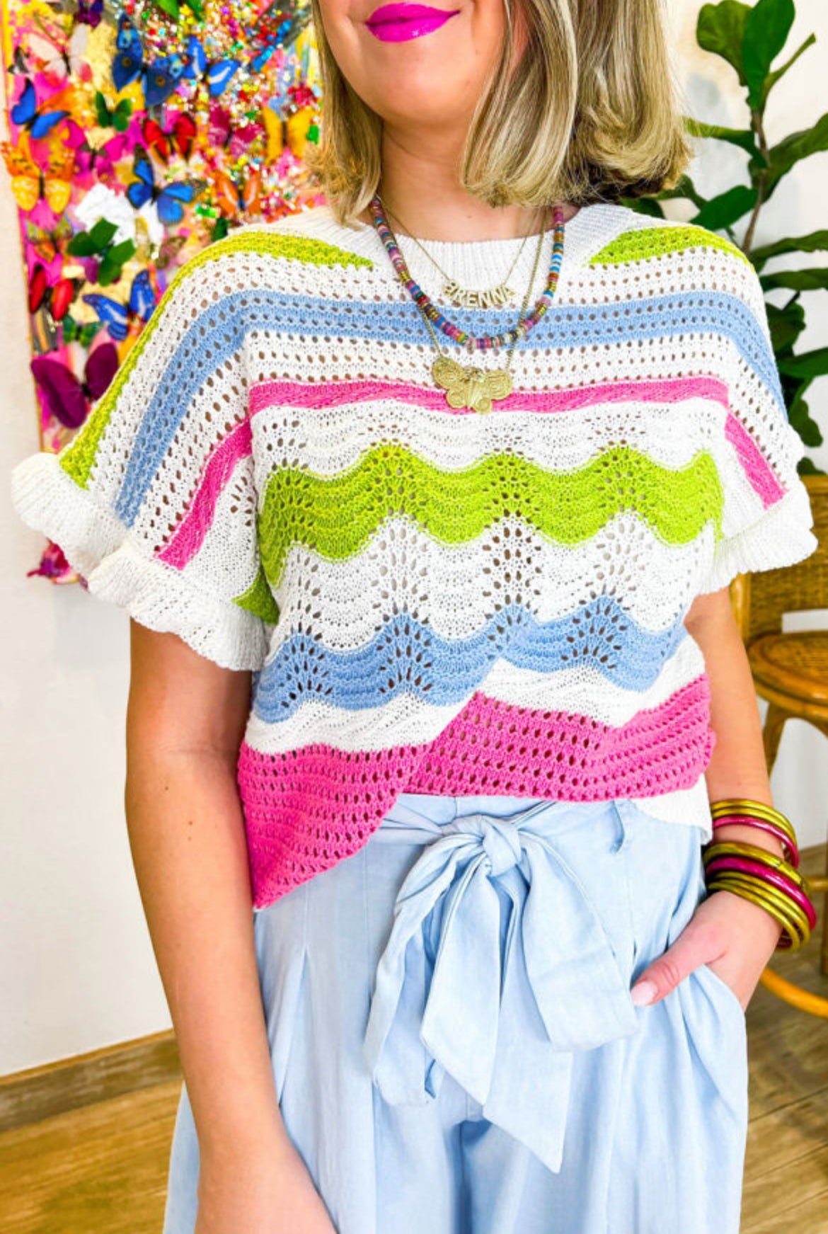 White Color block Crochet Knit Ruffled Short Sleeve Sweater Top